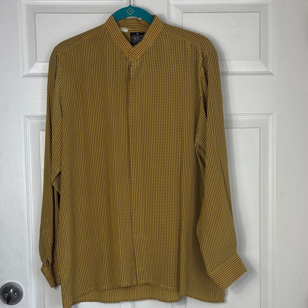 Vintage BOCCI Italian Silk Monk Collar Patterned Long Sleeve Shirt Size Medium